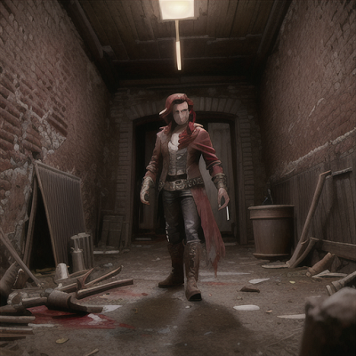Image For Post Anime Art, Brooding vampire hunter, deep crimson hair with a bloodstained bandana, in a desolate ruin