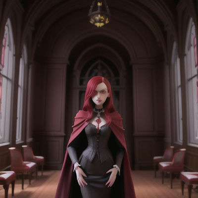 Image For Post Anime Art, Sullen vampire, sleek wine red hair and piercing crimson eyes, in a dimly lit Gothic mansion