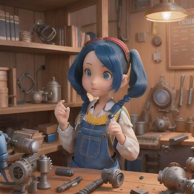 Image For Post Anime Art, Curious inventor girl, deep blue hair in pigtails, in a cluttered workshop