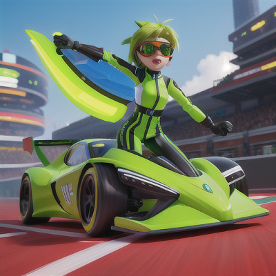 Image For Post Anime Art, Agile futuristic racer, neon-green hair with visor-like sunglasses, situated at a sleek hovercar pit-stop