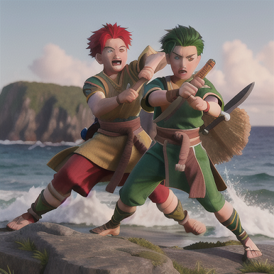 Image For Post | Anime, manga, Training warriors, contrasting red and green hair, sparring on a rocky shoreline, executing powerful sword techniques, waves crashing against the rugged coastline, practical and functional battle garments, fluid motion and intense shading, dedication and mastery of their craft - [AI Art, Anime Countryside Scenes ](https://hero.page/examples/anime-countryside-scenes-stable-diffusion-prompt-library)