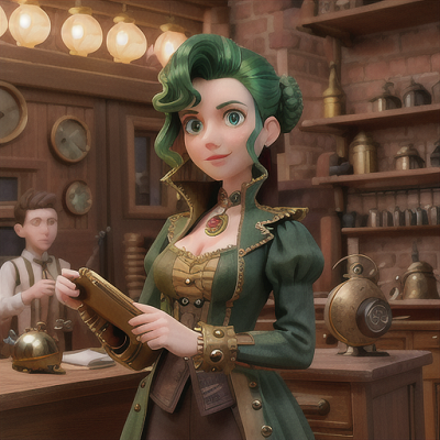 Image For Post Anime Art, Freckled steampunk inventor, dark green hair curled in an updo, in a workshop filled with gears and gadgets