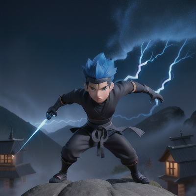 Image For Post Anime Art, Weather-attuned ninja boy, striking blue spiky hair, in a foggy mountain village