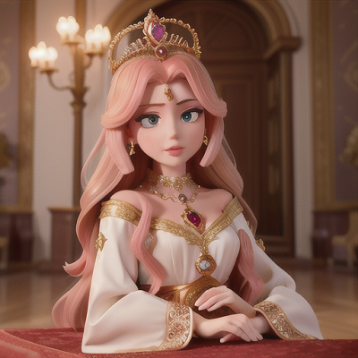 Image For Post Anime Art, Hidden royalty, rose-gold hair adorned with a jeweled tiara, in a grand palace disguised as a humble servant
