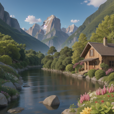Image For Post Anime, mountains, fish, garden, seafood restaurant, river, HD, 4K, AI Generated Art