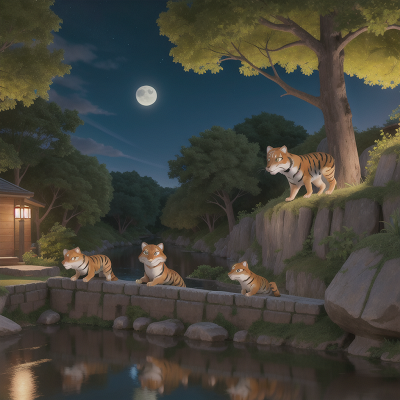 Image For Post Anime, river, park, tiger, fox, moonlight, HD, 4K, AI Generated Art