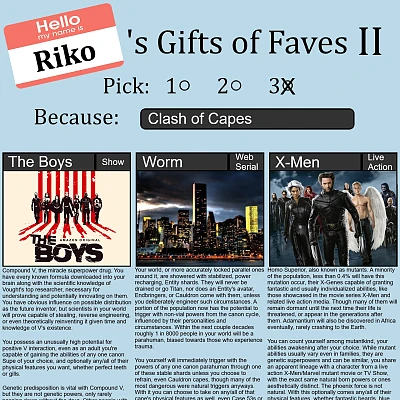 Image For Post Riko's Gifts of Faves: Clash of Capes CYOA