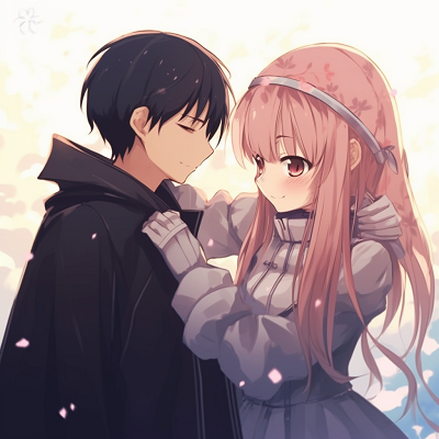 Image For Post | Kirito and Asuna in a loving embrace, detailed costumes and warm color palette best duo: matching anime pfp for girl and boy couples - [Boosted Selection of Matching Anime PFP for Couples](https://hero.page/pfp/boosted-selection-of-matching-anime-pfp-for-couples)