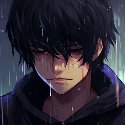 Image For Post | Male anime character captured crying under the rain, sharp lines and cool colours prevail in the artwork. sad anime pfp male - [Anime Sad Pfp Central](https://hero.page/pfp/anime-sad-pfp-central)