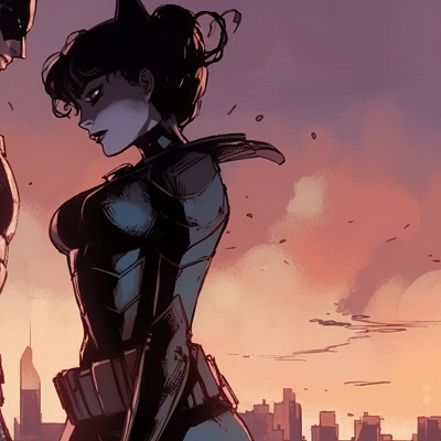 Image For Post | Batman and Catwoman with sunrise backdrop, vivid colors and dynamic expressions. batman and catwoman iconography pfp for discord. - [batman and catwoman matching pfp, aesthetic matching pfp ideas](https://hero.page/pfp/batman-and-catwoman-matching-pfp-aesthetic-matching-pfp-ideas)