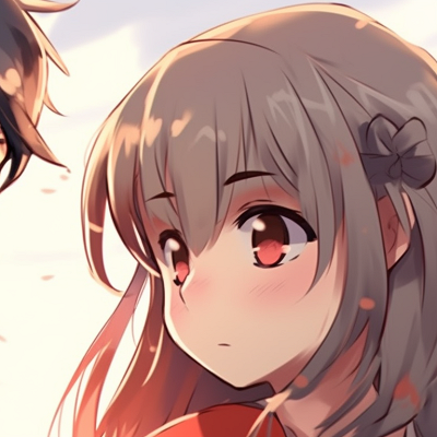 Image For Post | Tsubaki and Kousei, warm colors, and artful shading, looking at each other. trendy matching pfp pfp for discord. - [off](https://hero.page/pfp/off-brand-matching-pfp-matching-pfps-only)