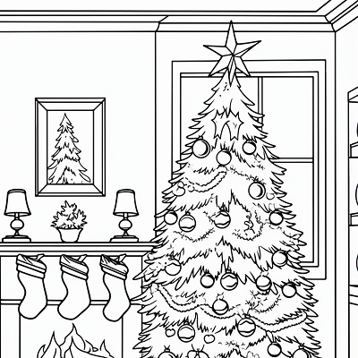Image For Post Indoor Holiday Christmas Tree and Fireplace - Printable Coloring Page