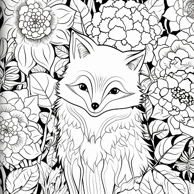 Image For Post Fox With Floral Backdrop Blossoms and Wildlife - Printable Coloring Page