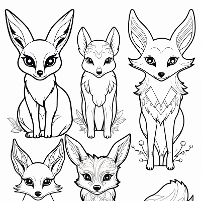 Image For Post | Eevee and its evolutionary forms corresponding to various elements; clean lines and patterns. printable coloring page, black and white, free download - [Eevee Evolutions Coloring Pages: Adult, Kids, Pokemon Coloring](https://hero.page/coloring/eevee-evolutions-coloring-pages:-adult-kids-pokemon-coloring)