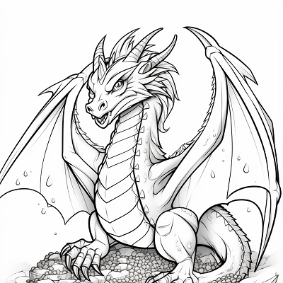 Image For Post | Detailed portrayal of a guardian dragon and its treasure; showing intricate scale and gem patterns.printable coloring page, black and white, free download - [Dragon Coloring Page ](https://hero.page/coloring/dragon-coloring-page-printable-and-creative-designs)