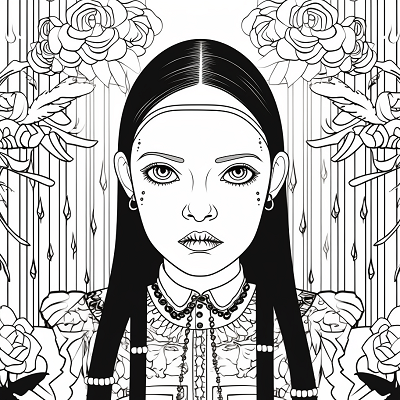Image For Post | Complex patterns surrounding a portrait of the iconic Wednesday Addams. printable coloring page, black and white, free download - [Wednesday Addams Coloring Book Pages ](https://hero.page/coloring/wednesday-addams-coloring-book-pages-fun-coloring-for-all-ages)