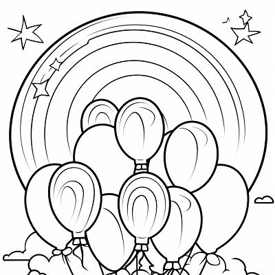 Image For Post Festive Rainbow with Balloons - Printable Coloring Page