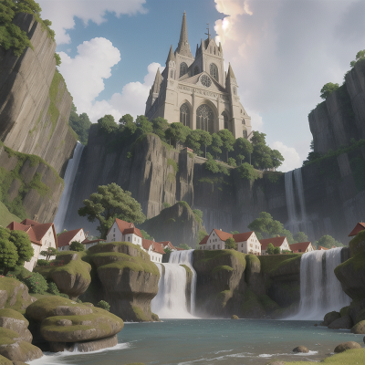Image For Post Anime, waterfall, cathedral, skyscraper, hail, ocean, HD, 4K, AI Generated Art