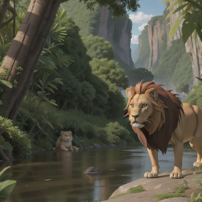Image For Post Anime, time machine, river, jungle, lion, mountains, HD, 4K, AI Generated Art