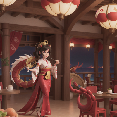 Image For Post Anime, dragon, harp, geisha, seafood restaurant, ocean, HD, 4K, AI Generated Art