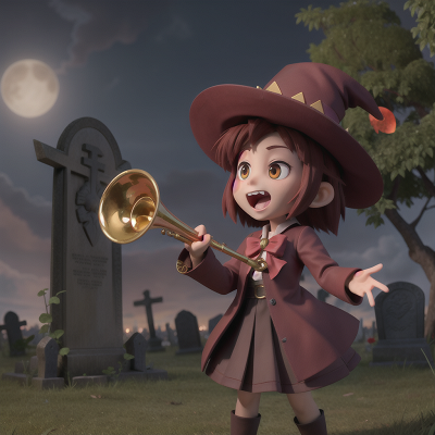Image For Post Anime, bravery, haunted graveyard, wizard's hat, vampire's coffin, trumpet, HD, 4K, AI Generated Art