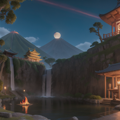 Image For Post Anime, temple, volcano, moonlight, waterfall, fox, HD, 4K, AI Generated Art