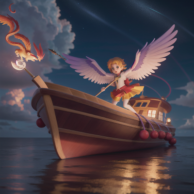 Image For Post Anime, rainbow, magic wand, phoenix, moonlight, boat, HD, 4K, AI Generated Art