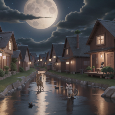 Image For Post Anime, virtual reality, cat, river, village, moonlight, HD, 4K, AI Generated Art