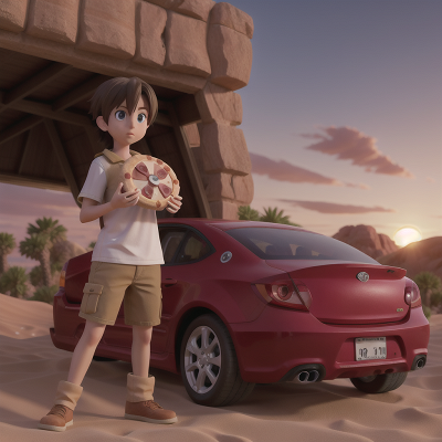 Image For Post Anime, sunset, shield, pizza, desert oasis, car, HD, 4K, AI Generated Art