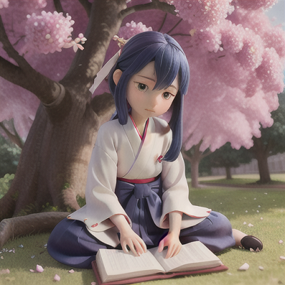 Image For Post Anime Art, Wistful poet boy, long navy-blue hair, sitting beneath an ancient cherry tree