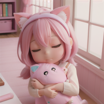 Image For Post Anime Art, Sleepy chibi schoolgirl, pastel pink hair with cat ears headband, peacefully napping on a cozy window seat