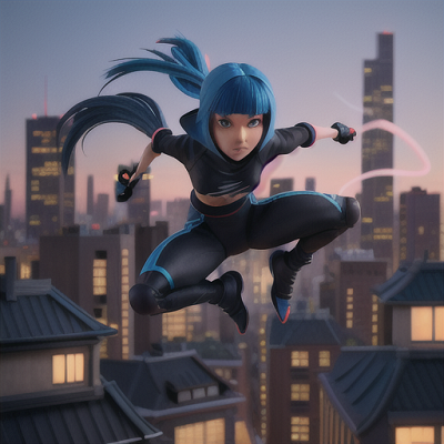 Image For Post | Anime, manga, Focused ninja warrior, electric blue hair with bangs, stealthily traversing bustling city rooftops, executing a precise leap, shurikens and smoke bombs at the ready, sleek black ninja outfit with a hood, dynamic lines and motion blur, tension and determination in the scene - [AI Art, Anime Petite Build Theme ](https://hero.page/examples/anime-petite-build-theme-stable-diffusion-prompt-library)