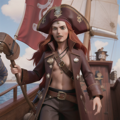 Image For Post Anime Art, Fierce pirate captain, long flowing red hair, aboard a legendary pirate ship