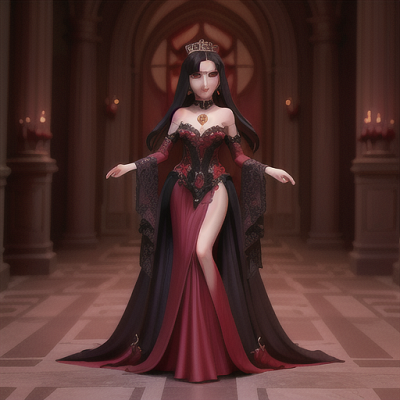 Image For Post Anime Art, Elegant vampire queen, silken raven locks cascading down her back, in a grandiose gothic castle