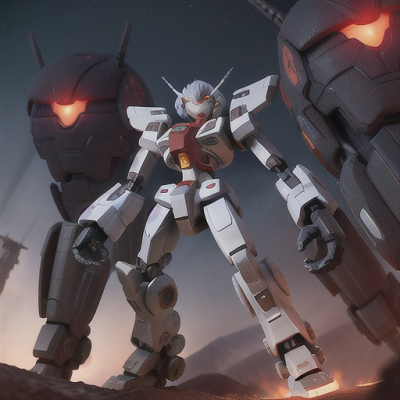 Image For Post Anime Art, Determined mecha pilot, silver hair and red eyes, in a vast battlefield