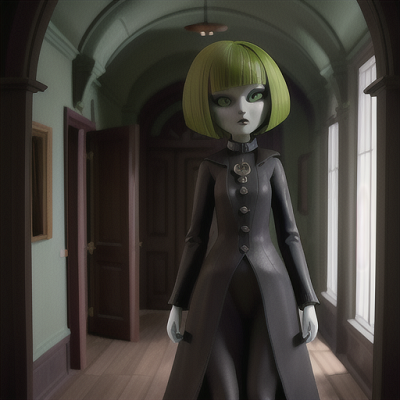 Image For Post Anime Art, Enigmatic ghost hunter, green bob-cut hair, in a haunted and dark room