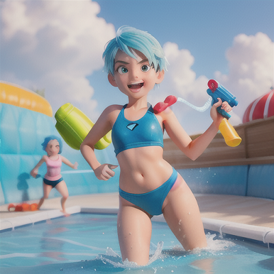 Image For Post | Anime, manga, Playful water gun warrior, short icy blue hair, in a heated water gun battle, dodging splashes with a smirking expression, opposing teams strategizing behind makeshift beach forts, wearing a sporty swimsuit and goggles, exhilarating, high-energy atmosphere, full of excitement and friendly rivalry - [AI Art, Anime Beach Scene ](https://hero.page/examples/anime-beach-scene-stable-diffusion-prompt-library)