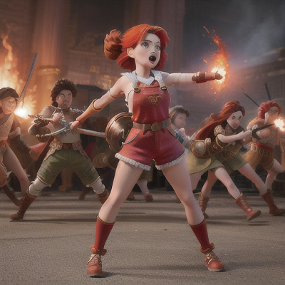 Image For Post Anime Art, Fierce warrior princess, striking red hair cascading down her back, in the midst of a raging battlefield