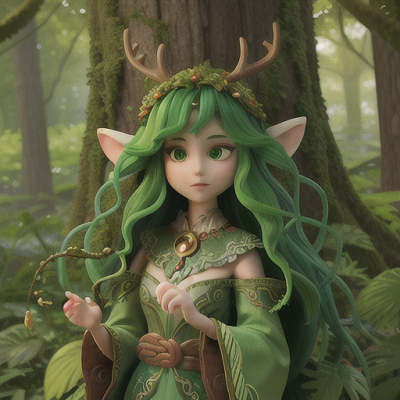 Image For Post Anime Art, Forest spirit protector, emerald hair entwined with vines, in an ancient grove of tree spirits and mesmerizi