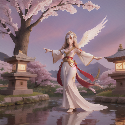 Image For Post Anime Art, Graceful warrior priestess, long silver hair and phoenix wings, amidst a tranquil twilight-lit shrine