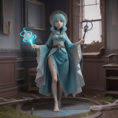 Image For Post Anime Art, Fearless ghost hunter, sea-blue hair adorned with talismans, in a haunted abandoned mansion