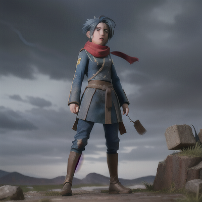 Image For Post Anime Art, Sorrowful martial artist, streaks of blue hair, standing on a stormy battlefield