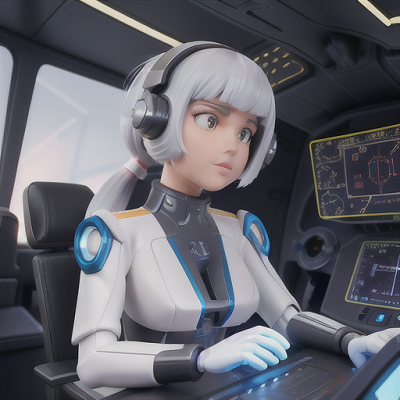 Image For Post Anime Art, Futuristic mecha pilot, silver hair in a sleek ponytail, in the cockpit of a giant robot