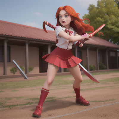Image For Post Anime Art, Dual-wielding school girl, fiery red hair and passionate gaze, engaged in a fierce battle within school grou