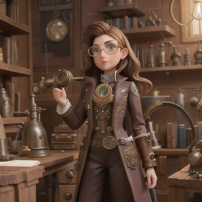 Image For Post Anime Art, Steampunk inventor prodigy, bronze hair and intricate clockwork goggles, in a cluttered workshop filled with