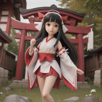 Image For Post Anime Art, Divine shrine maiden, long black hair tied with a white ribbon, at an ancient and scenic shrine