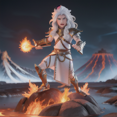 Image For Post Anime Art, Ancient elemental warrior, flowing white hair merging with silver flames, in front of a majestic volcano