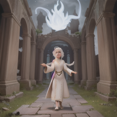 Image For Post | Anime, manga, Restless ancestral spirit, white hair that appears like a flickering flame, haunting the ruins of a once-thriving village, reconnecting with long-lost descendants, ancient ornamental robes and jewelry, textured ink brush illustration, an air of nostalgia and longing - [AI Art, Ethereal Spirit Robes Anime ](https://hero.page/examples/ethereal-spirit-robes-anime-stable-diffusion-prompt-library)
