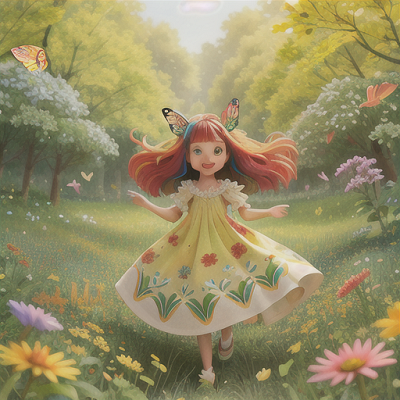 Image For Post Anime Art, Playful nature spirit, hair woven with wildflowers, in a vibrant meadow teeming with life