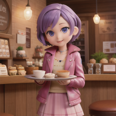 Image For Post | Anime, manga, Charming cafe employee, short lavender hair and expressive eyes, in a cozy anime-themed cafe, balancing a tray of delicious treats, an assortment of anime-inspired merchandise on display, leather jacket with chibi character patches, warm and inviting art style, a cheerful and welcoming atmosphere - [AI Art, Anime Leather Jacket Theme ](https://hero.page/examples/anime-leather-jacket-theme-stable-diffusion-prompt-library)